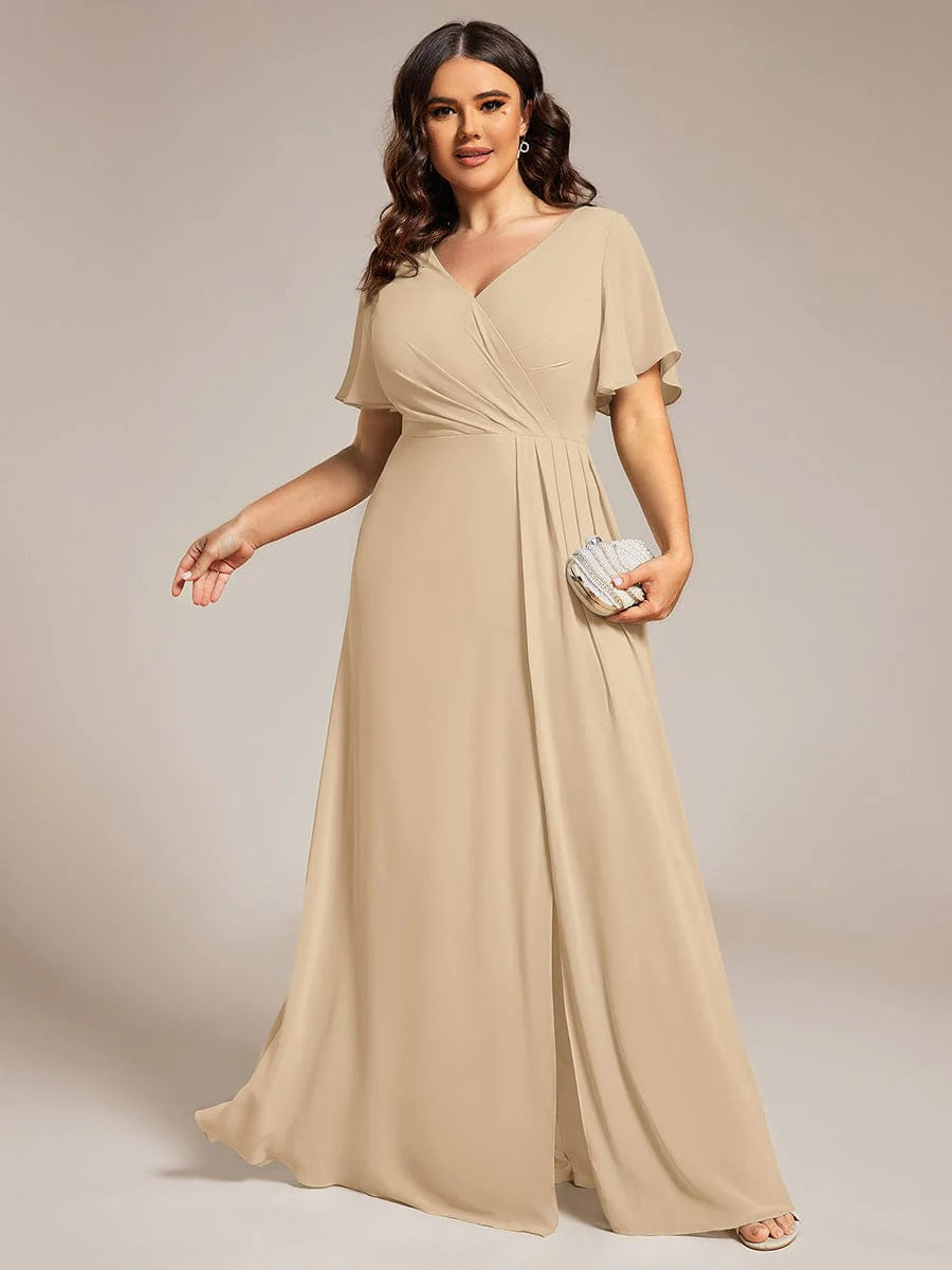 ever LINDEN|A-Line Ruffle Sleeves and High Slit Chiffon Bridesmaid Dress with V-Neck - Image 110