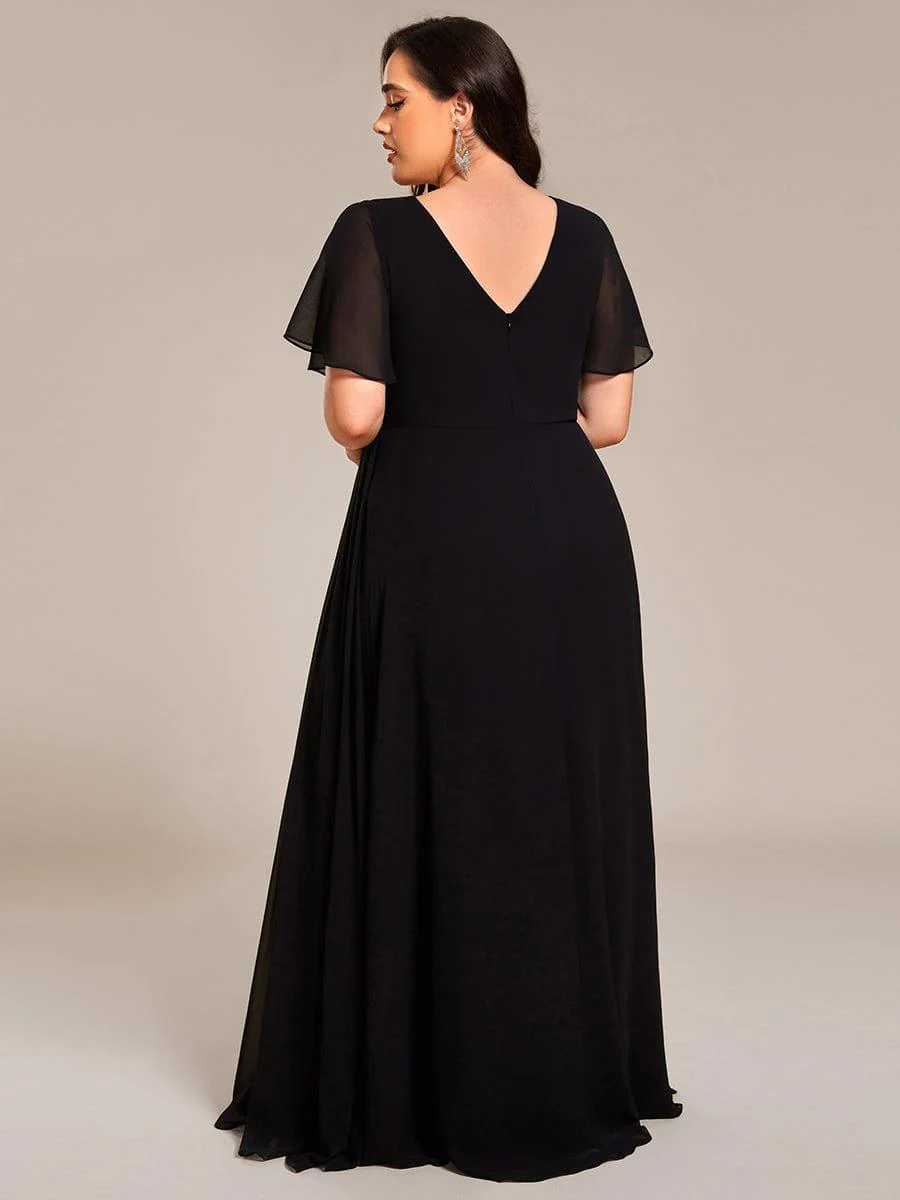 ever LINDEN|A-Line Ruffle Sleeves and High Slit Chiffon Bridesmaid Dress with V-Neck - Image 35