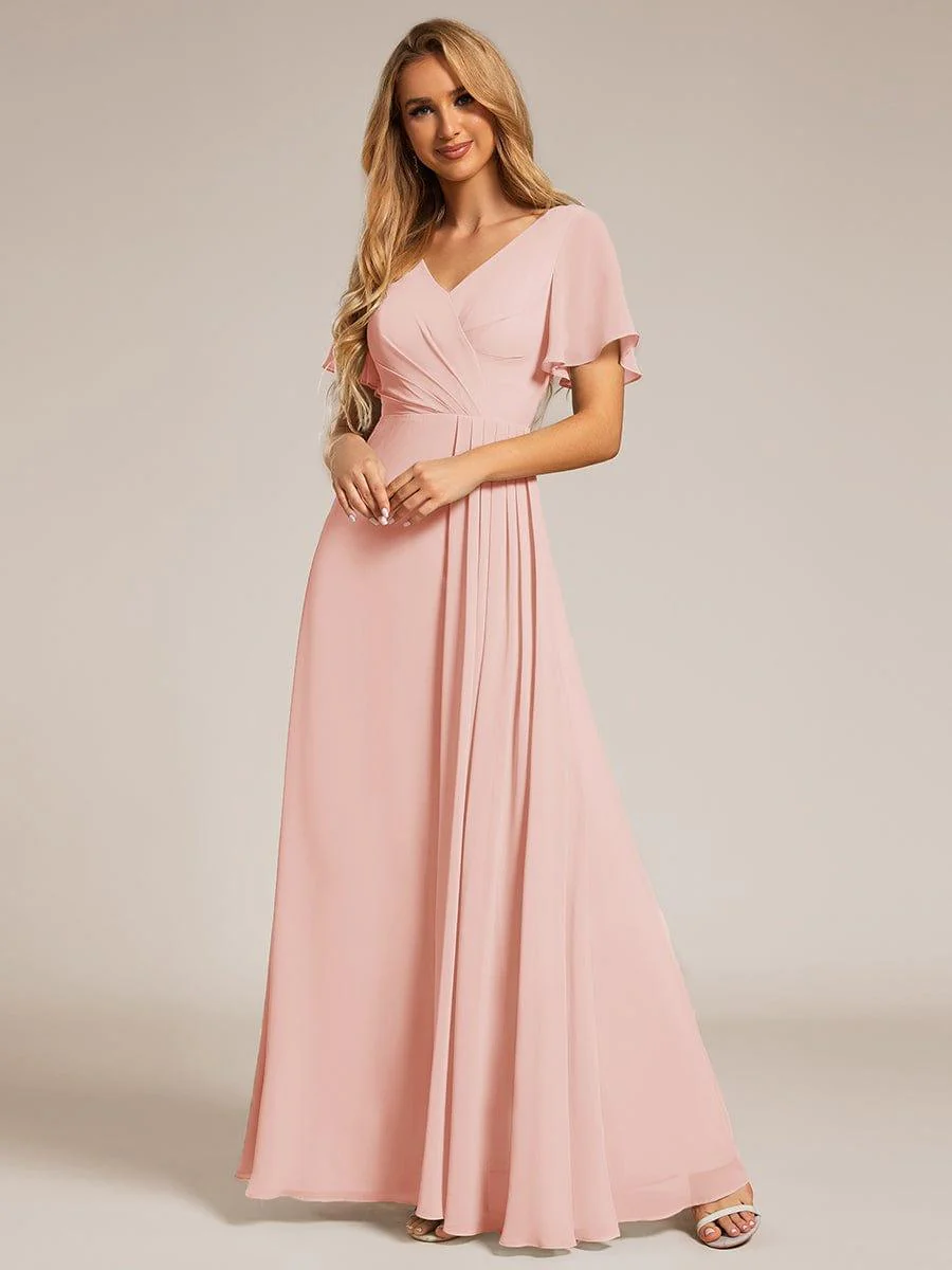 ever LINDEN|A-Line Ruffle Sleeves and High Slit Chiffon Bridesmaid Dress with V-Neck - Image 60