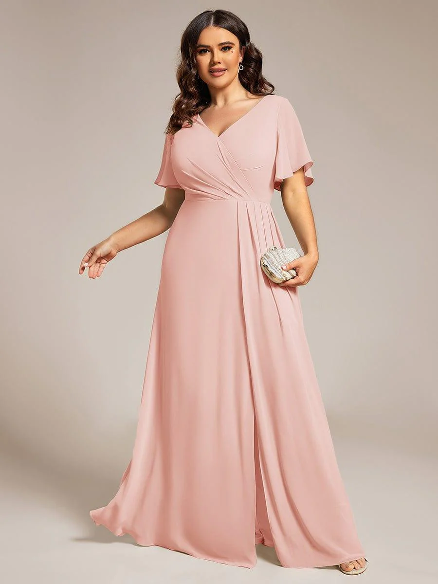 ever LINDEN|A-Line Ruffle Sleeves and High Slit Chiffon Bridesmaid Dress with V-Neck - Image 62