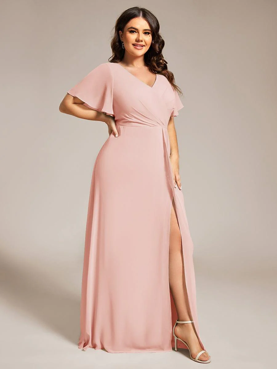 ever LINDEN|A-Line Ruffle Sleeves and High Slit Chiffon Bridesmaid Dress with V-Neck - Image 66