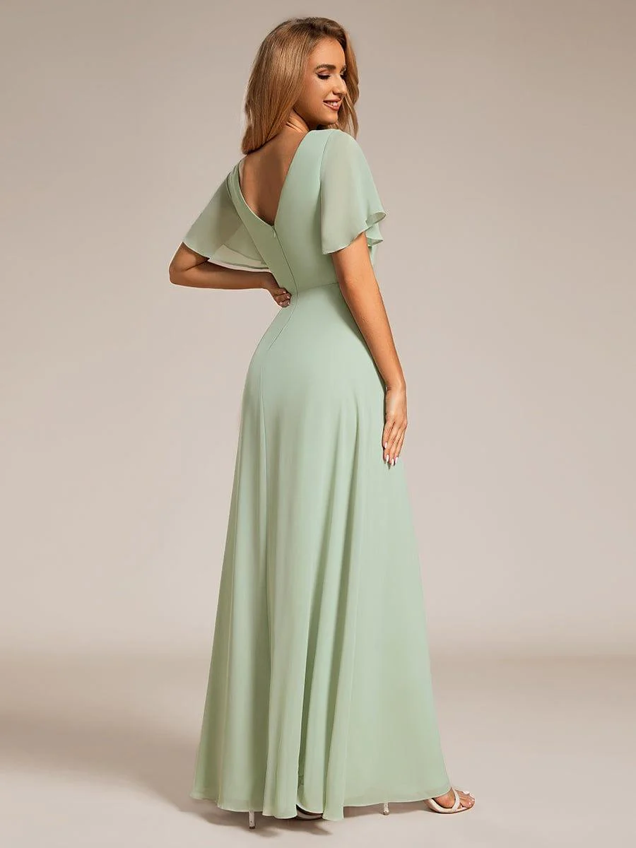 ever LINDEN|A-Line Ruffle Sleeves and High Slit Chiffon Bridesmaid Dress with V-Neck - Image 7