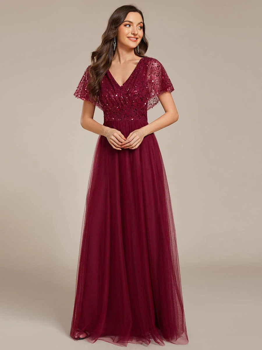 ever NAVEYA|A-Line Short Sleeve Tulle Evening Dress with Sequin Embellishments - Image 31