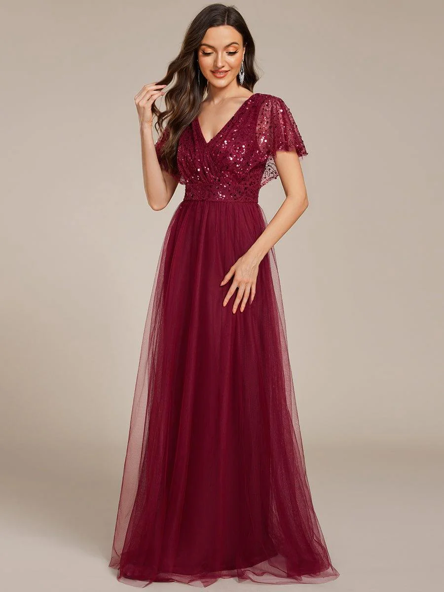 ever NAVEYA|A-Line Short Sleeve Tulle Evening Dress with Sequin Embellishments - Image 34
