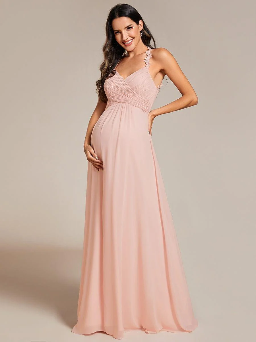 Backless Floral Halter Neck Pleated Bridesmaid Dress with V-Neck - Image 10