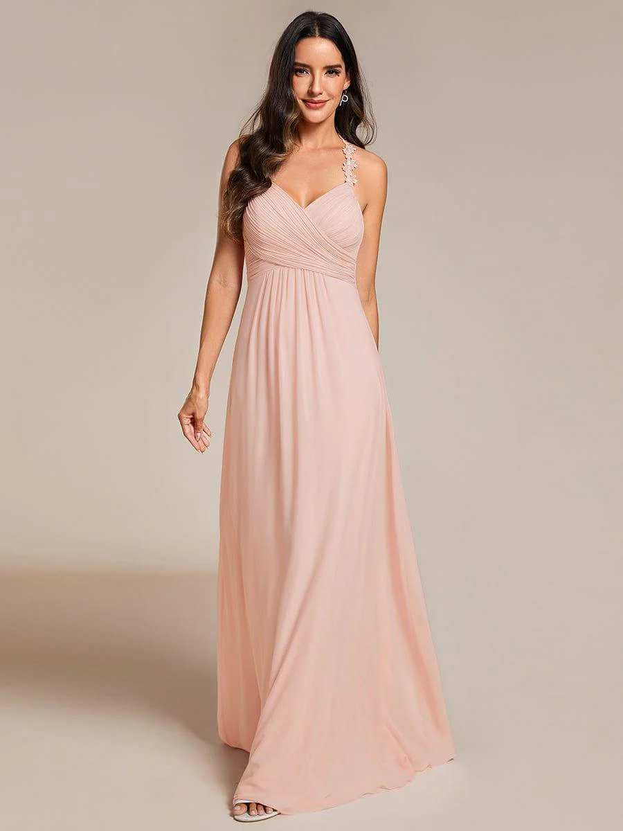 Backless Floral Halter Neck Pleated Bridesmaid Dress with V-Neck - Image 11
