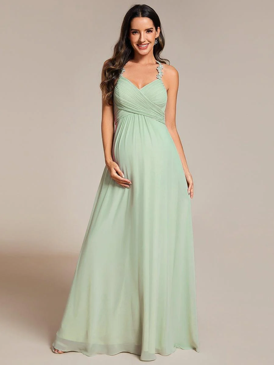 Backless Floral Halter Neck Pleated Bridesmaid Dress with V-Neck - Image 4