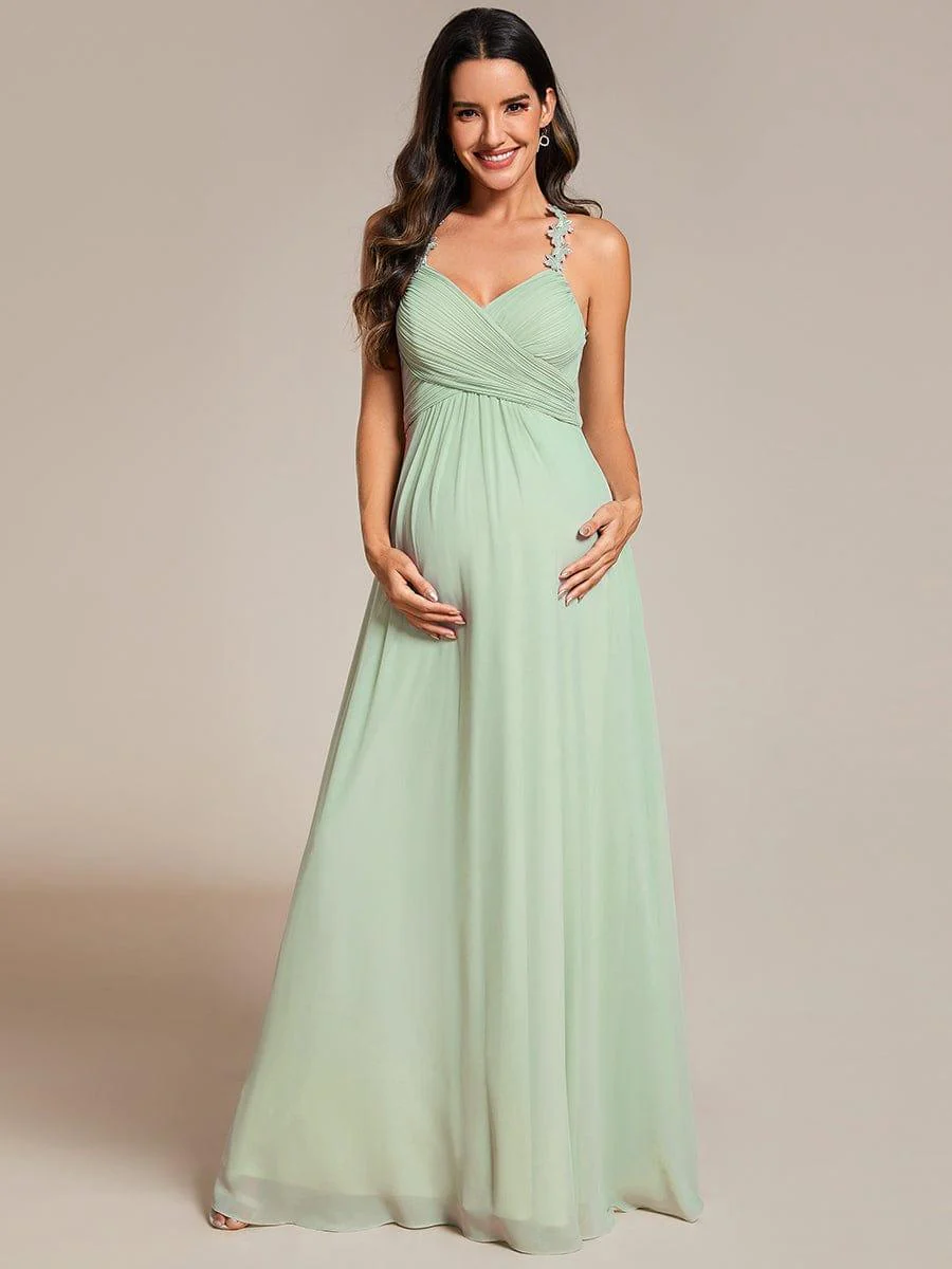 Backless Floral Halter Neck Pleated Bridesmaid Dress with V-Neck - Image 5