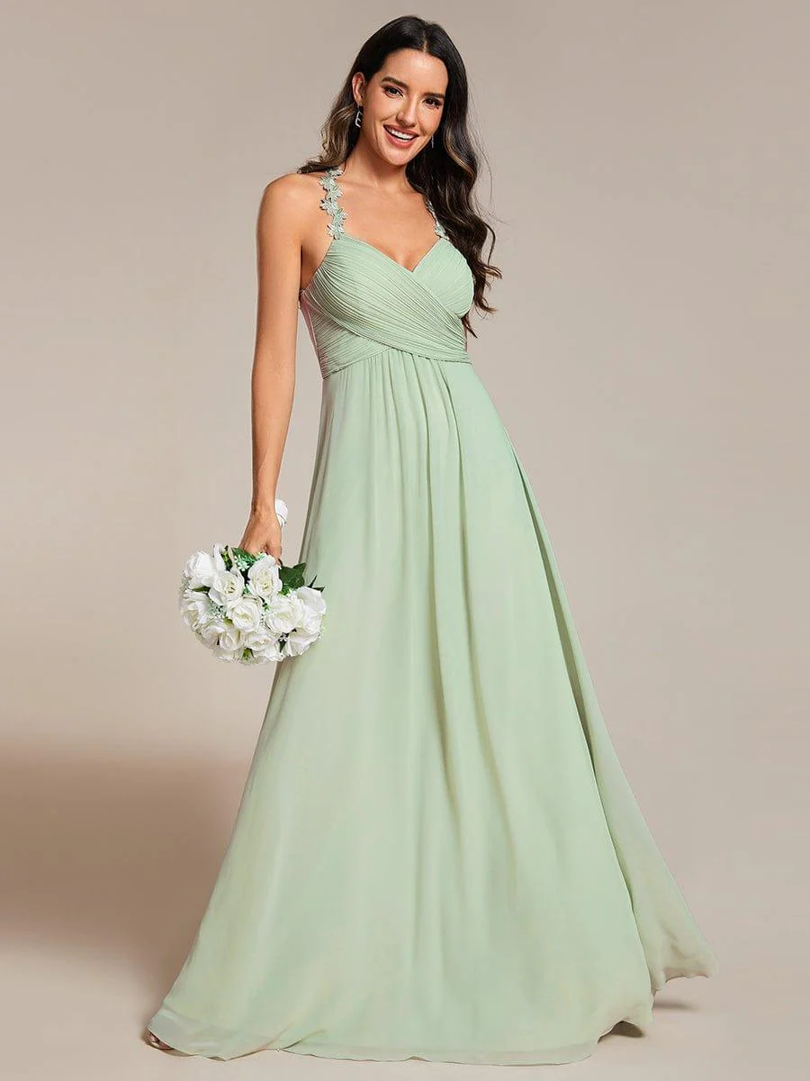 Backless Floral Halter Neck Pleated Bridesmaid Dress with V-Neck - Image 6
