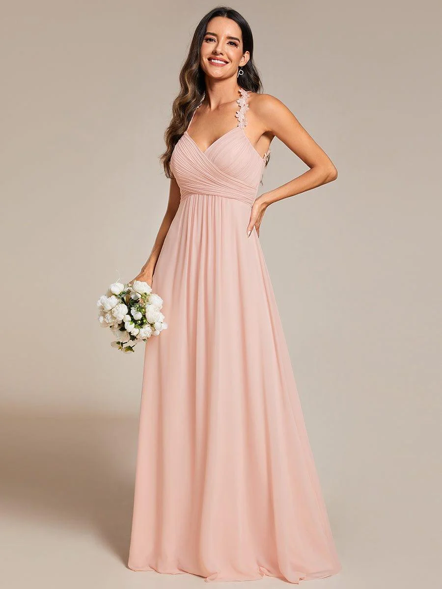 Backless Floral Halter Neck Pleated Bridesmaid Dress with V-Neck - Image 7