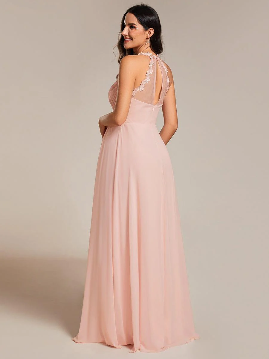 Backless Floral Halter Neck Pleated Bridesmaid Dress with V-Neck - Image 8