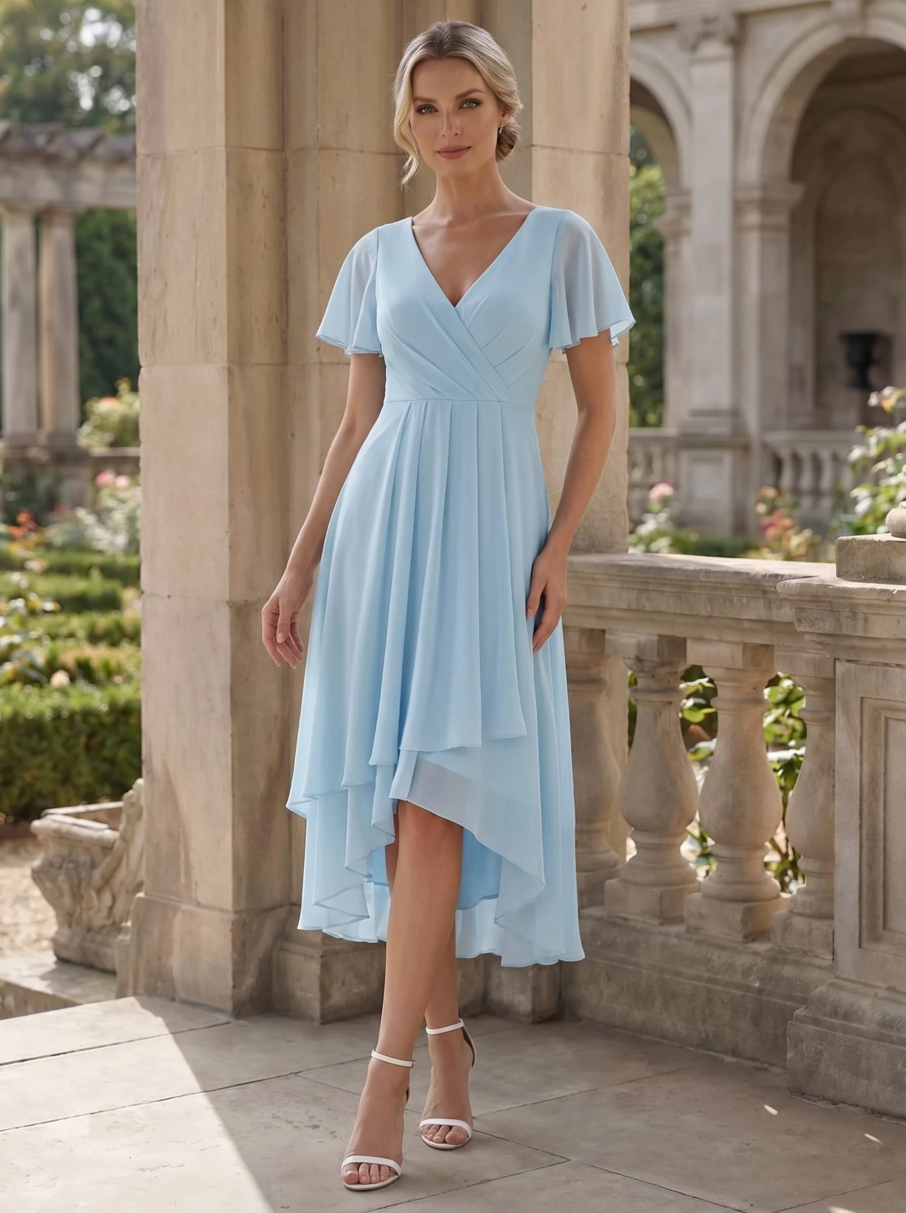 ever LARK|Chiffon Elegance Short Sleeve High-Low Wedding Guest Dress - Image 3