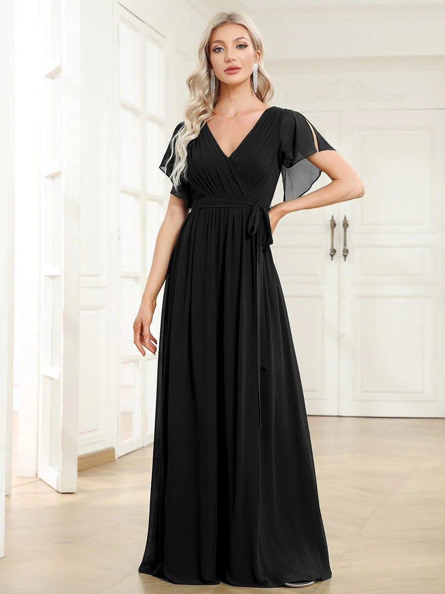 ever LEORA|V-Neck Flutter Sleeve Floor-Length A-Line Chiffon Evening Dress - Image 43