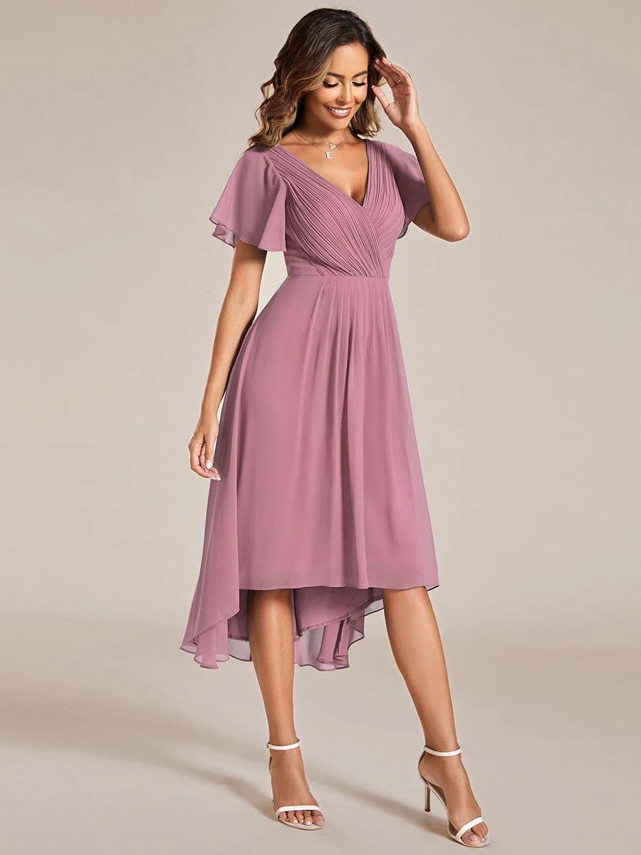 ever FAYE|Chiffon Pleated V Neck High-Low Bridesmaid Dress - Image 63