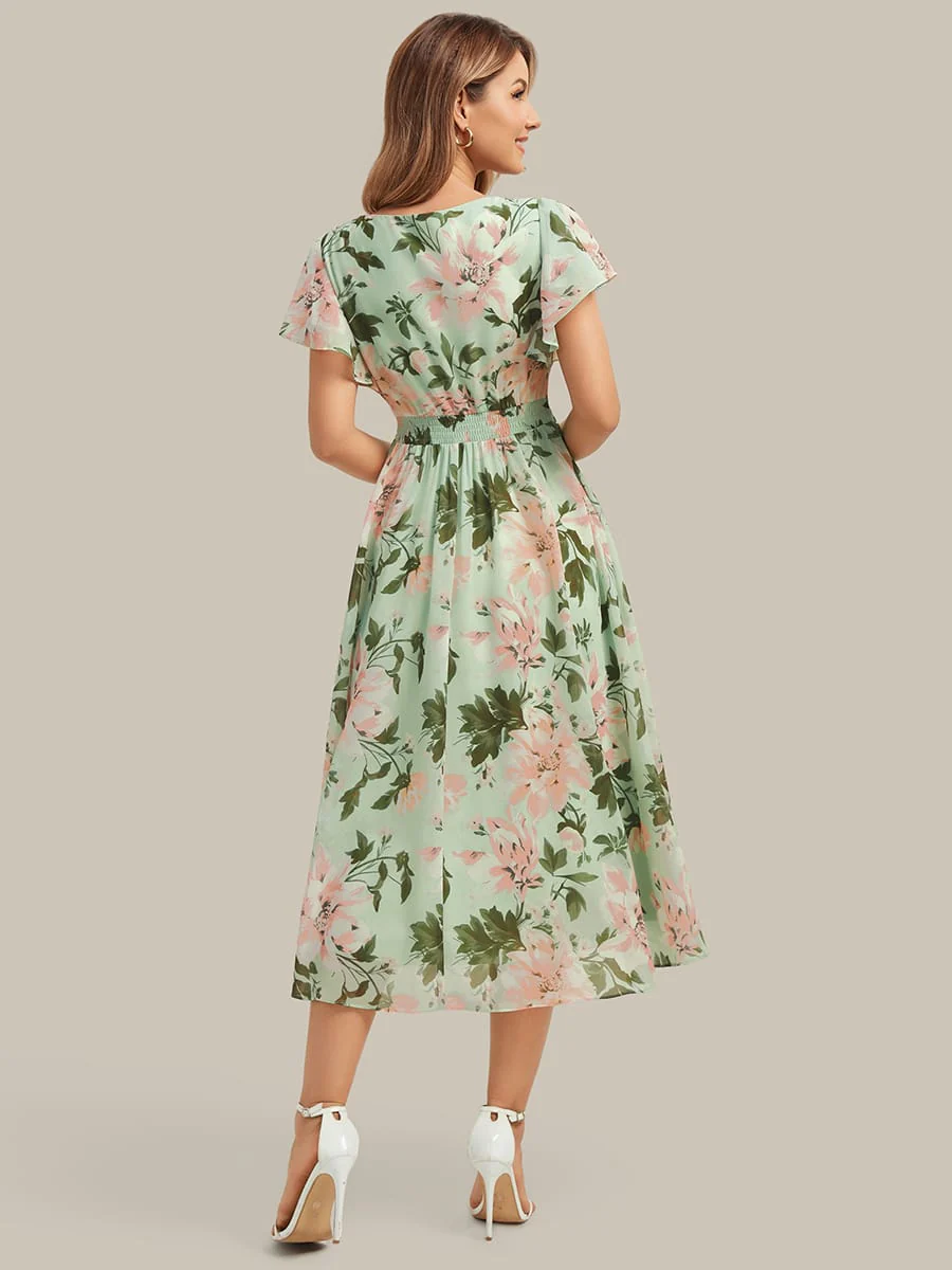 Floral Print Chiffon Ruffle Sleeve A-line Dress - Image 2