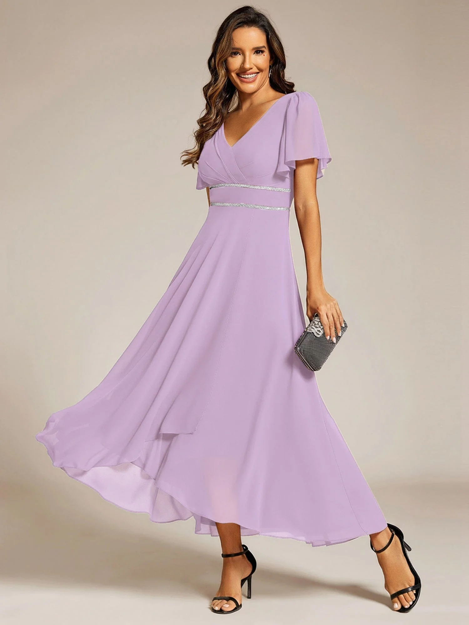 ever DAKOTA|Chiffon Ruffle Sleeves Rhinestone Waist High-Low Wedding Guest Dress - Image 30