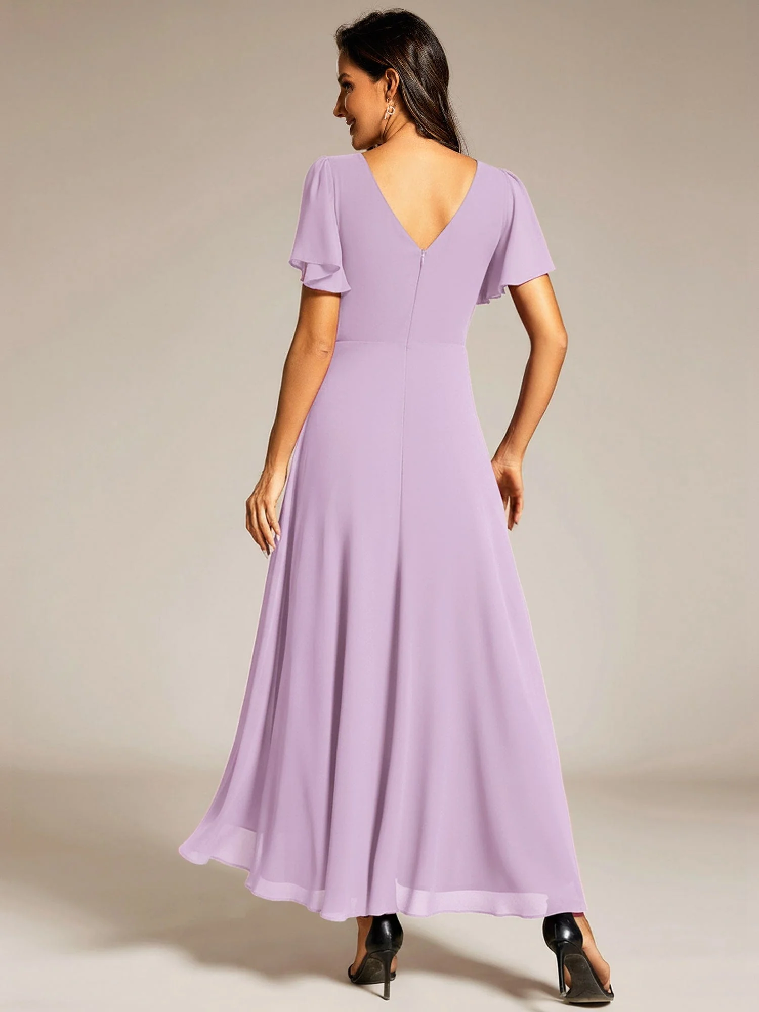 ever DAKOTA|Chiffon Ruffle Sleeves Rhinestone Waist High-Low Wedding Guest Dress - Image 31