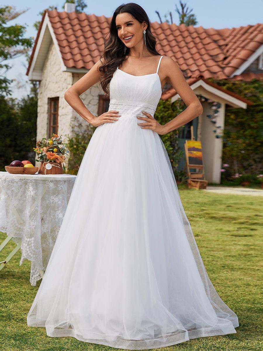 Classic Adjustable Spaghetti Strap Tulle Wedding Dress with Waist Paillette Chain - Image 6
