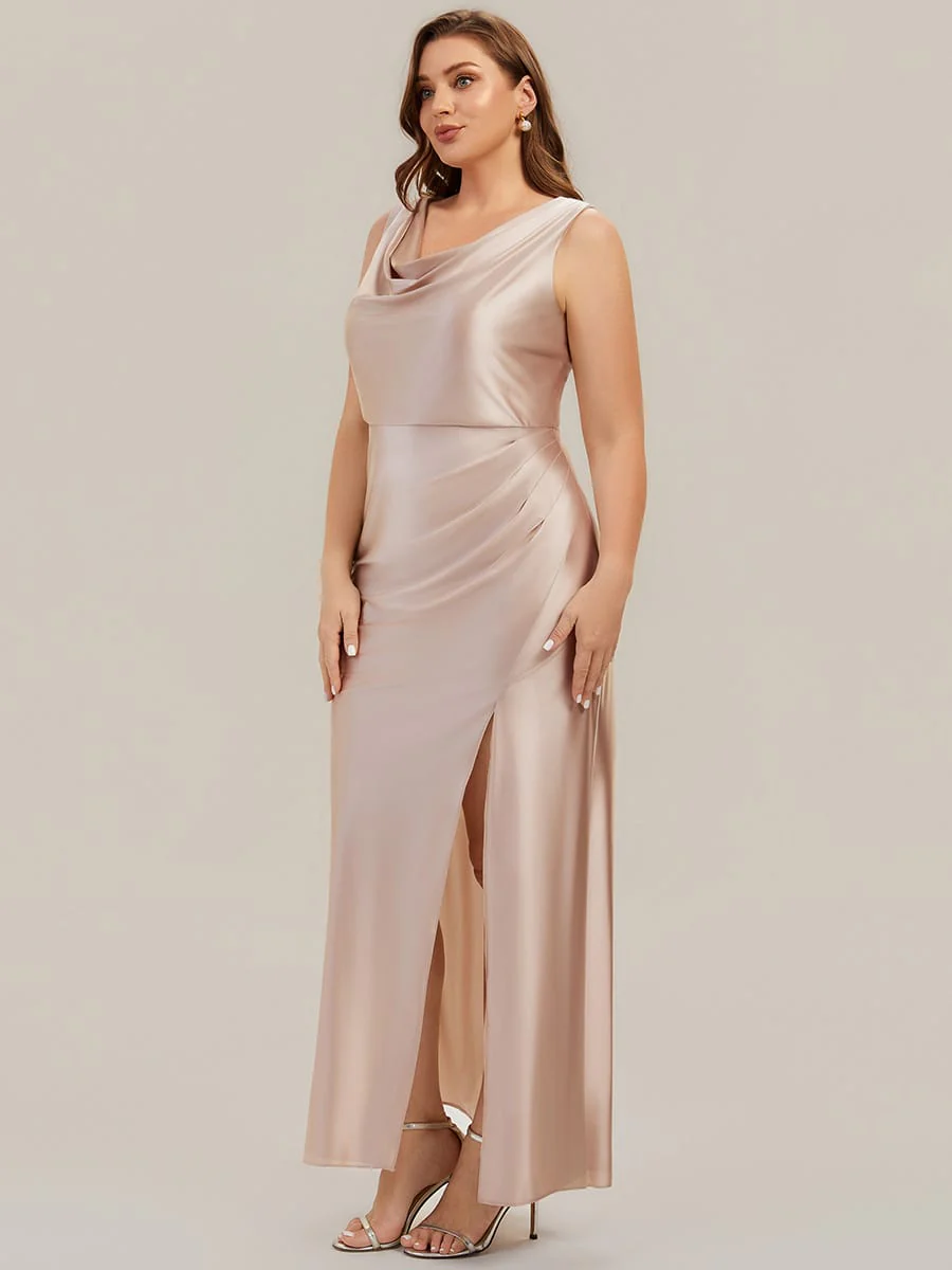 Cowl Neck Satin Drape and Slit Dress - Image 15