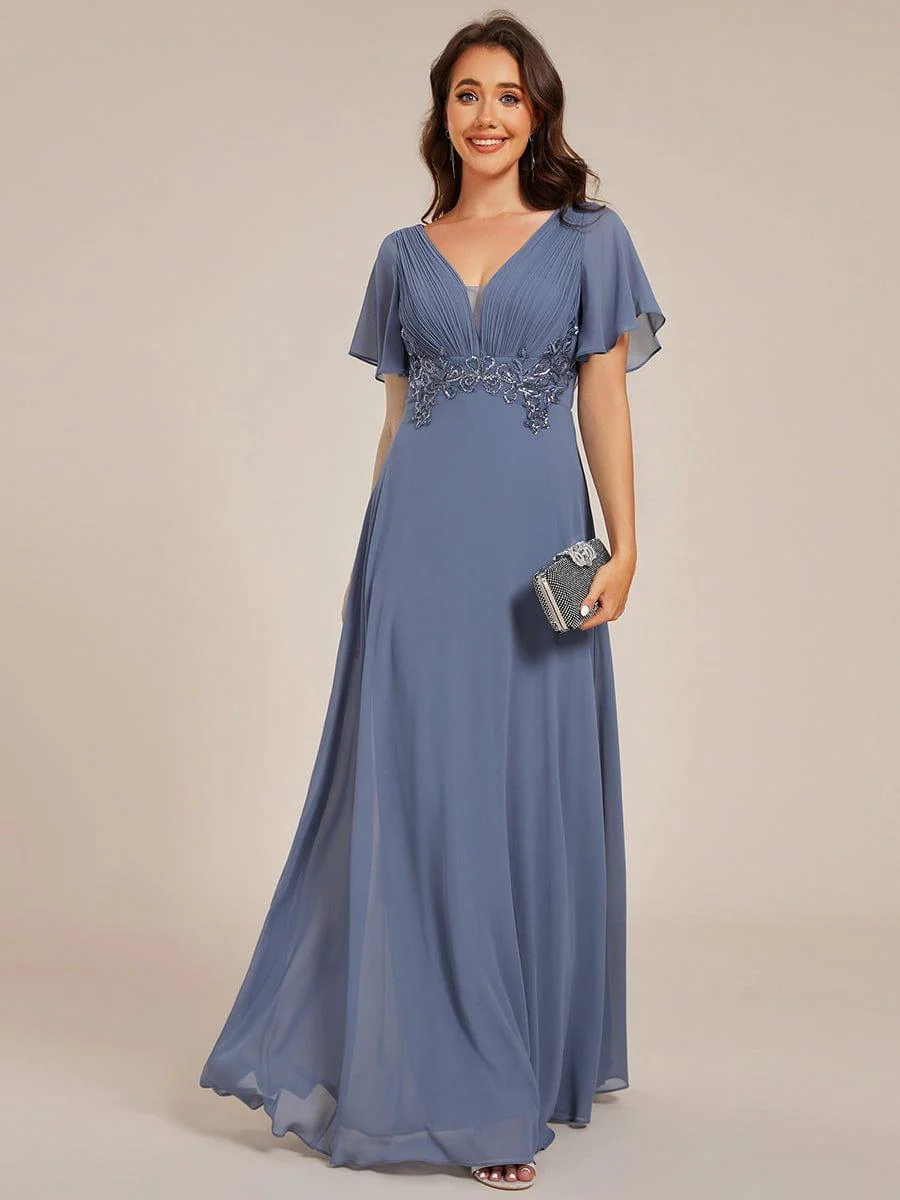 Deep V-Neck Empire Waist Applique Evening Maxi Dress With Pleats - Image 14