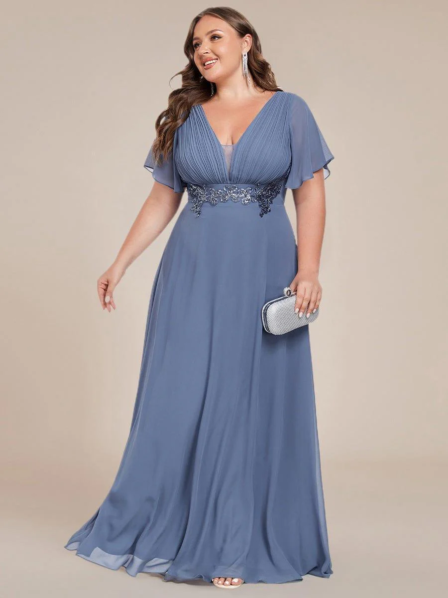 Deep V-Neck Empire Waist Applique Evening Maxi Dress With Pleats - Image 16