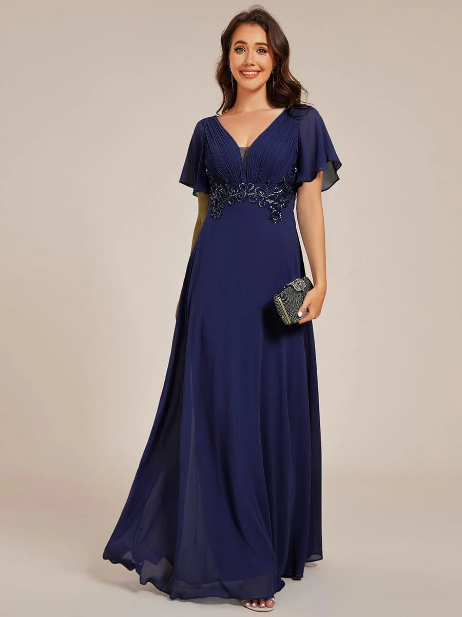 Deep V-Neck Empire Waist Applique Evening Maxi Dress With Pleats - Image 24