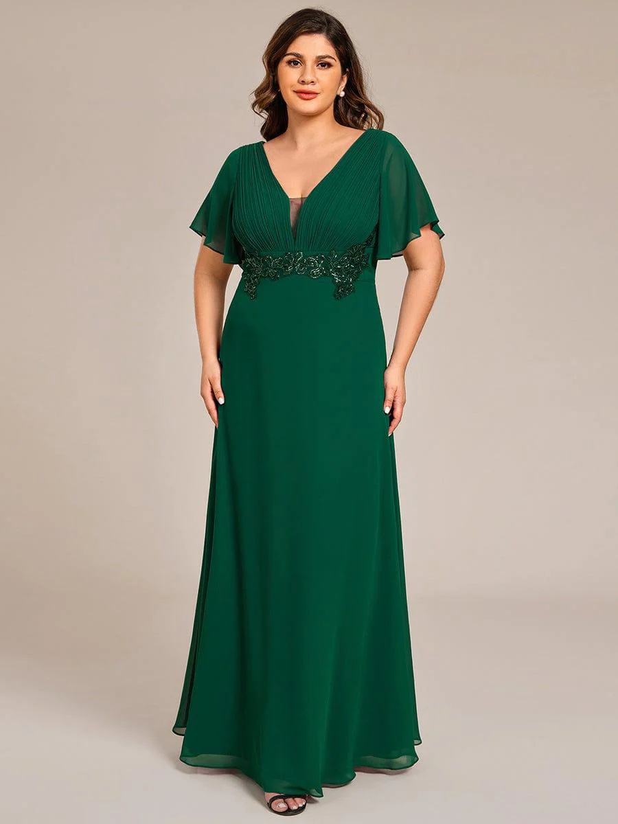 Deep V-Neck Empire Waist Applique Evening Maxi Dress With Pleats - Image 9