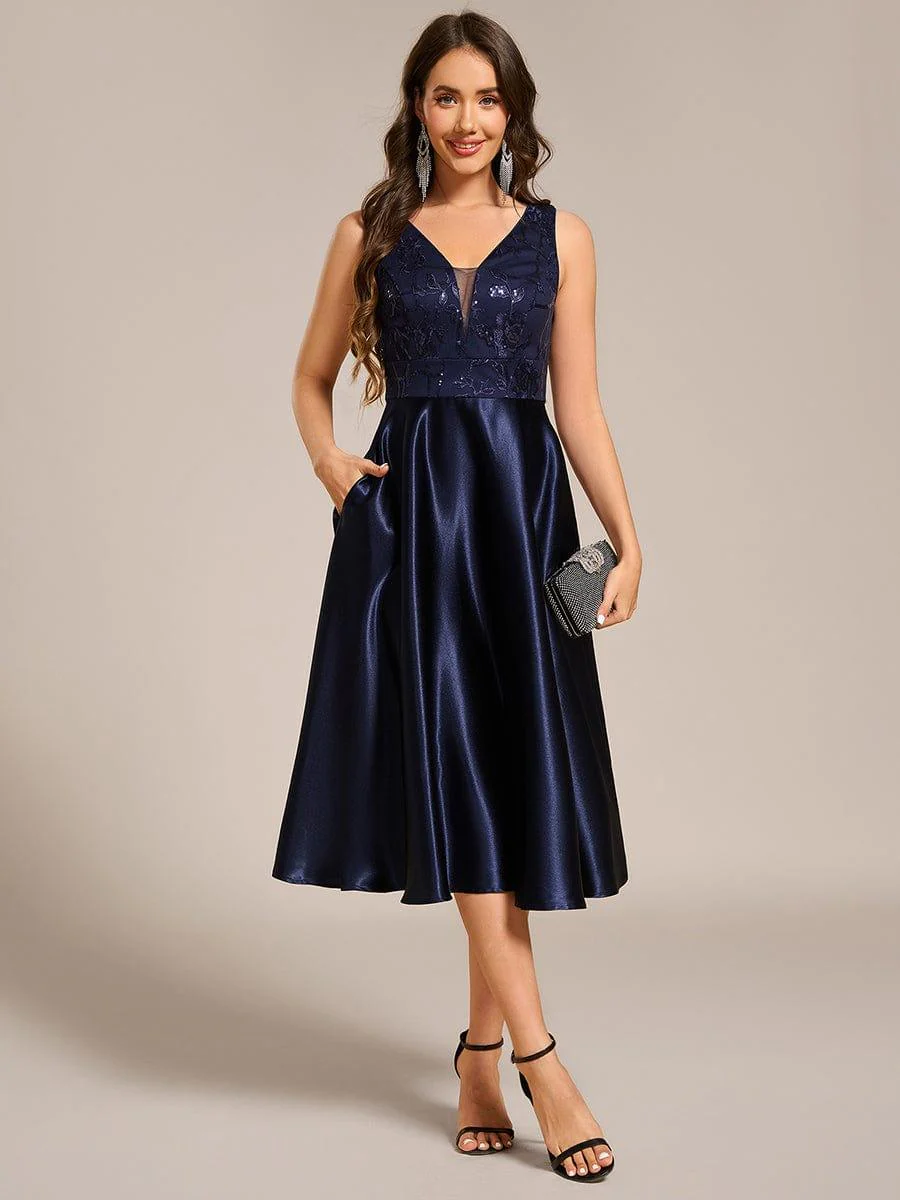 ever DELYN | Deep V Sequin Satin Sleeveless Midi Guest Dress - Image 6