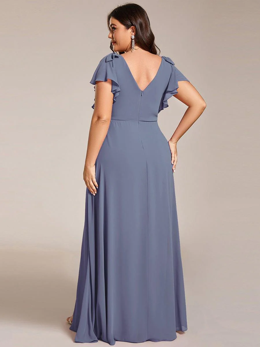 ever ROSY|Double V-Neck High Split Dress with Ribbon Bow in Dusty Blue - Image 7