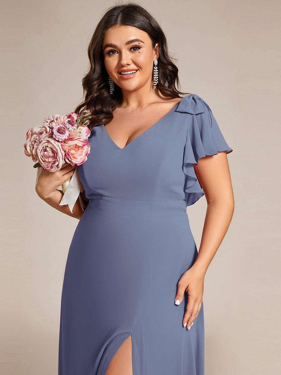 ever ROSY|Double V-Neck High Split Dress with Ribbon Bow in Dusty Blue - Image 8