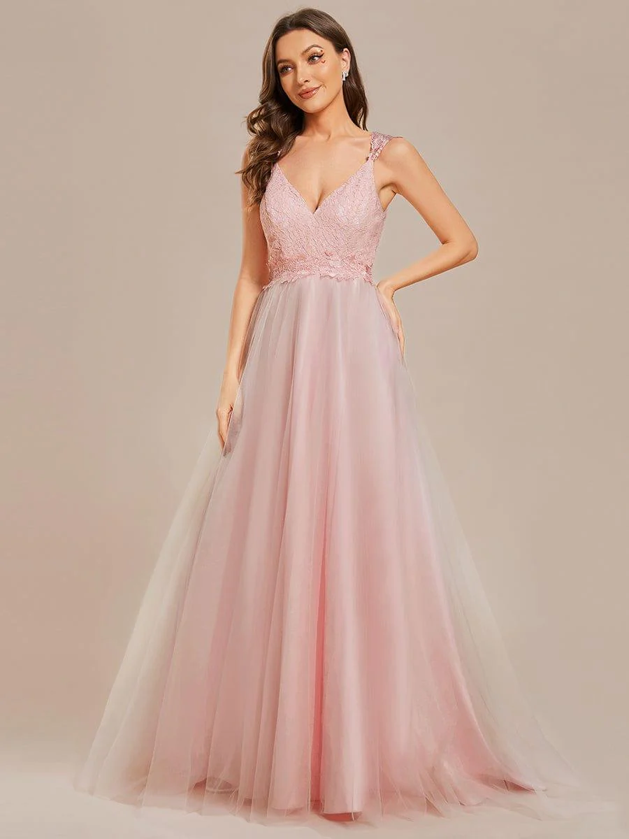 Double V Neck Lace Bodice Floor Length Tulle Wedding Dress - Image 13