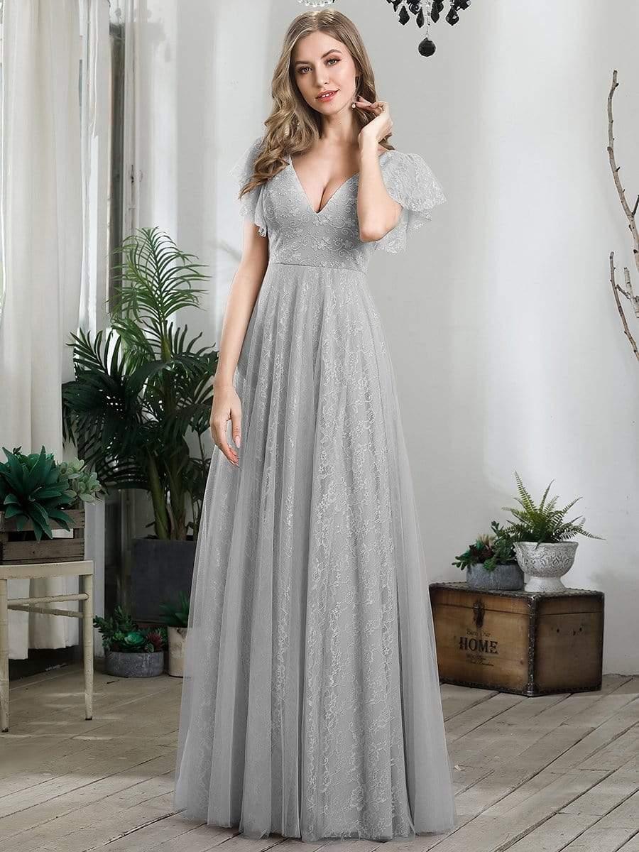 Double V Neck Maxi Lace Evening Dresses with Ruffle Sleeves - Image 37
