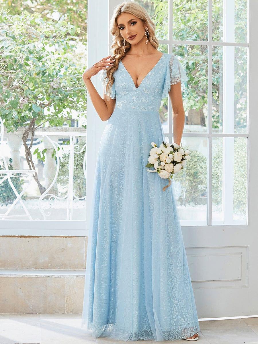Double V Neck Maxi Lace Evening Dresses with Ruffle Sleeves - Image 4
