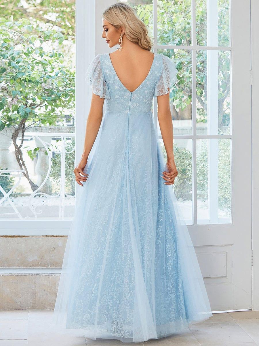 Double V Neck Maxi Lace Evening Dresses with Ruffle Sleeves - Image 5