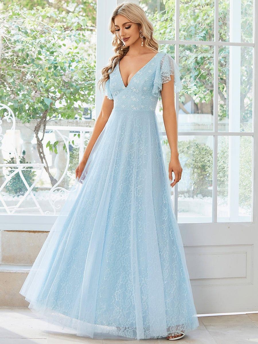 Double V Neck Maxi Lace Evening Dresses with Ruffle Sleeves - Image 8