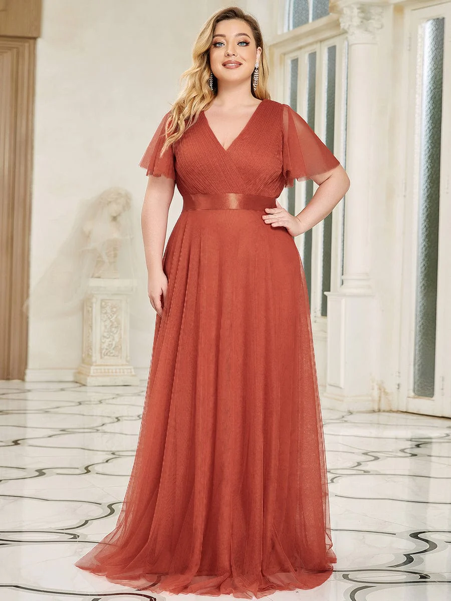 ever MISTE|Double V-Neck Tulle Floor-Length Bridesmaid Dress - Image 25