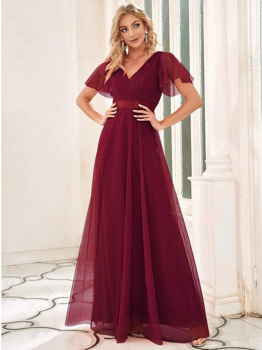 ever MISTE|Double V-Neck Tulle Floor-Length Bridesmaid Dress - Image 60
