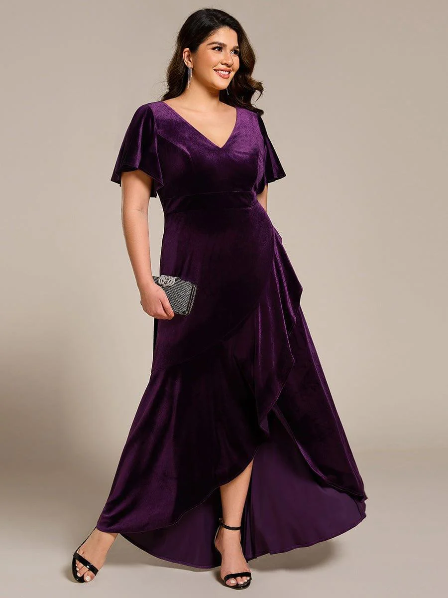ever SYLVA|Elegant Double V-Neck Short Sleeves Velvet Bridesmaid Dress - Image 48