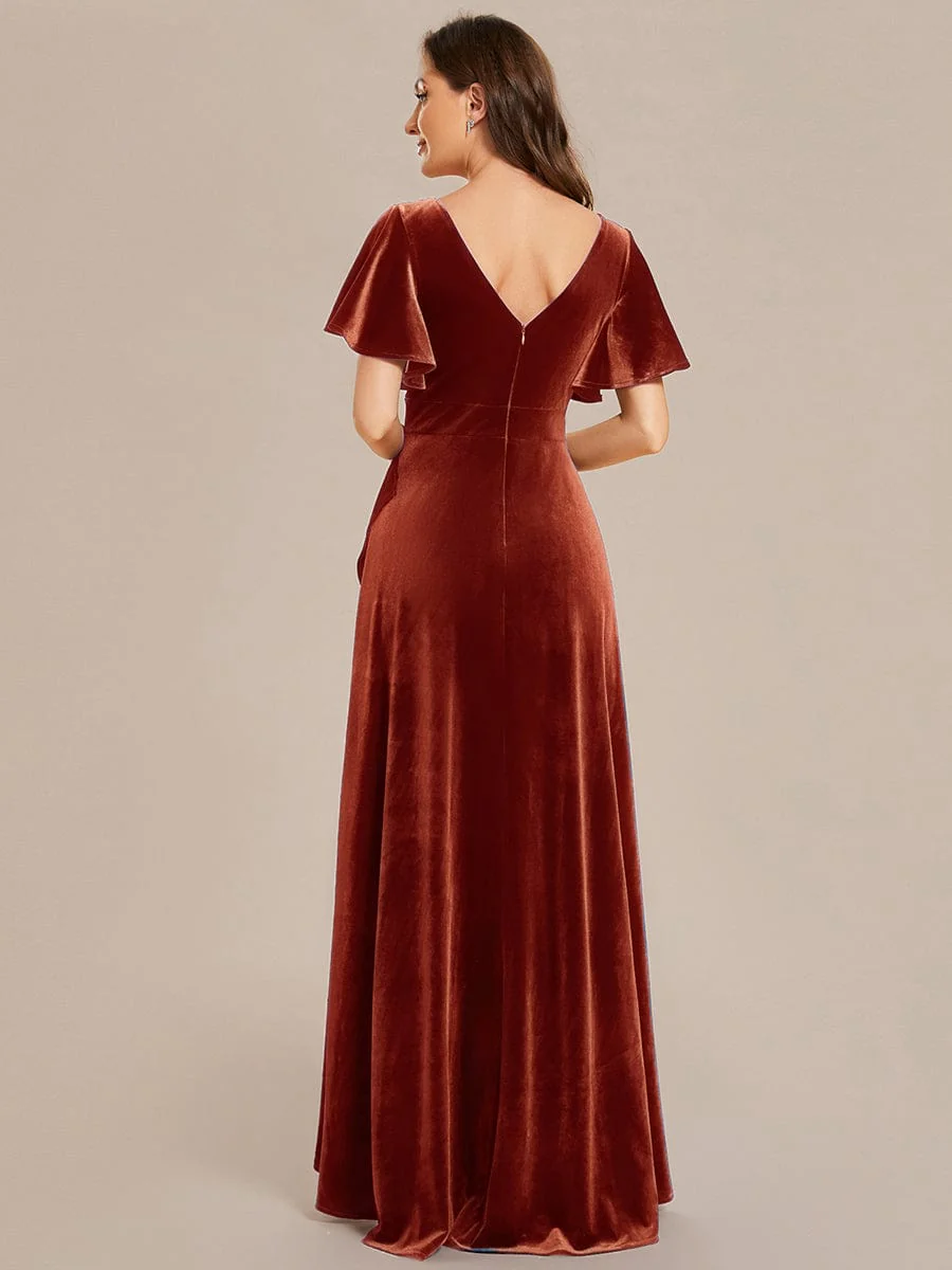 ever SYLVA|Elegant Double V-Neck Short Sleeves Velvet Bridesmaid Dress - Image 50