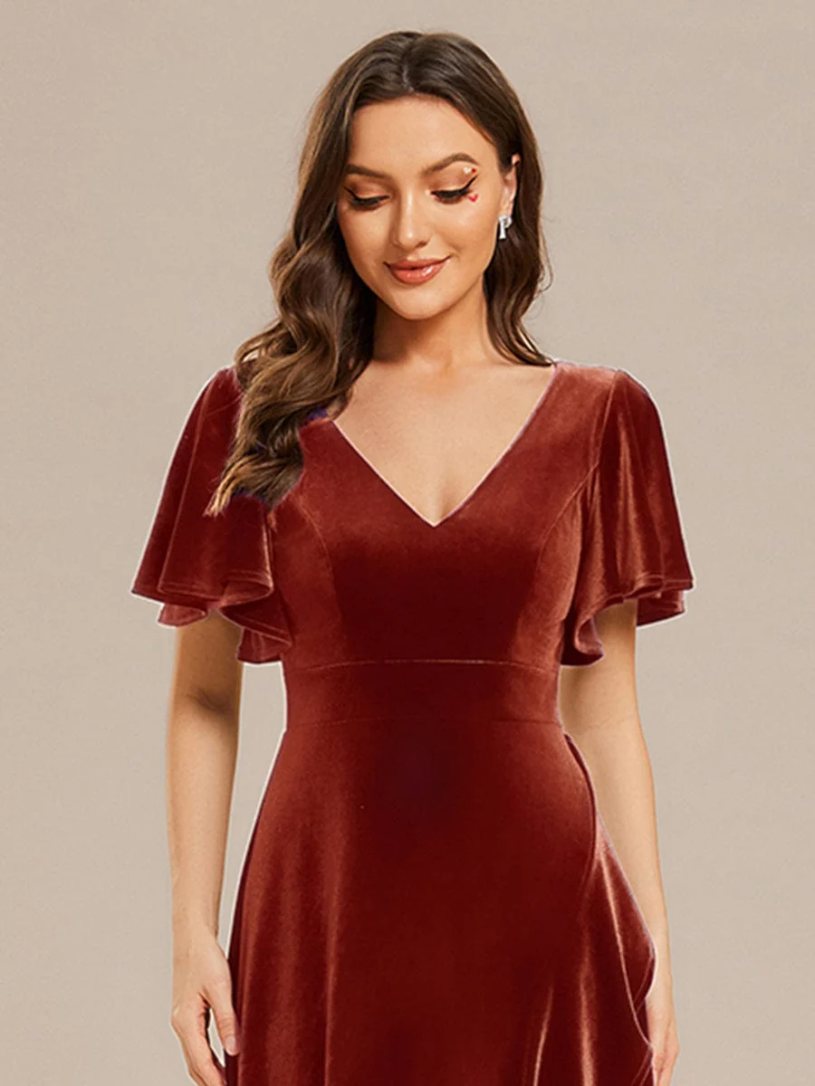 ever SYLVA|Elegant Double V-Neck Short Sleeves Velvet Bridesmaid Dress - Image 51