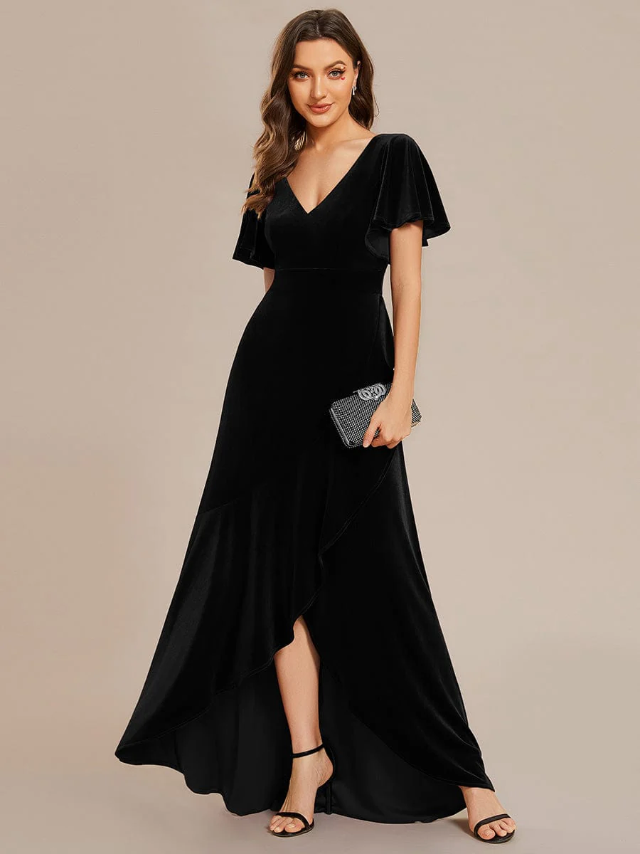 ever SYLVA|Elegant Double V-Neck Short Sleeves Velvet Bridesmaid Dress - Image 55