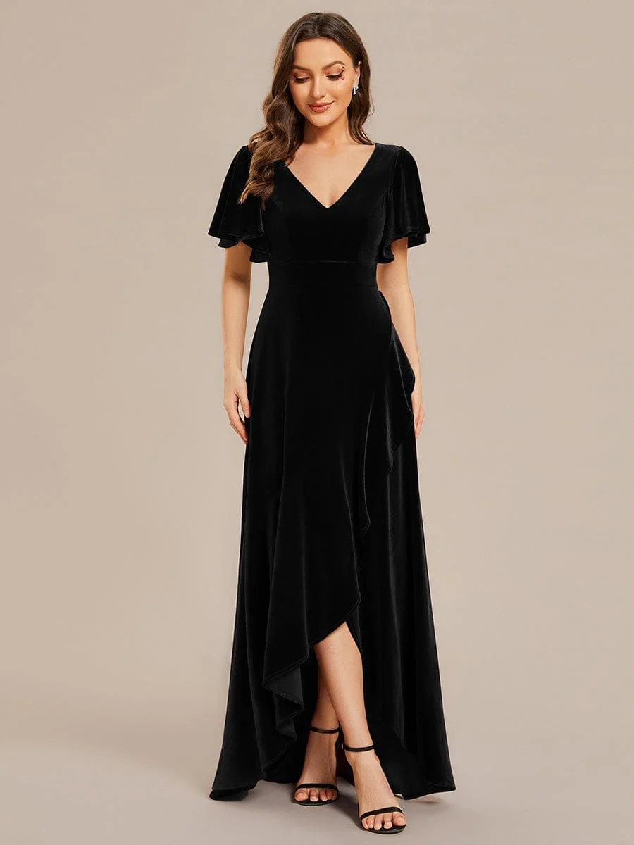 ever SYLVA|Elegant Double V-Neck Short Sleeves Velvet Wedding Guest Dress - Image 31