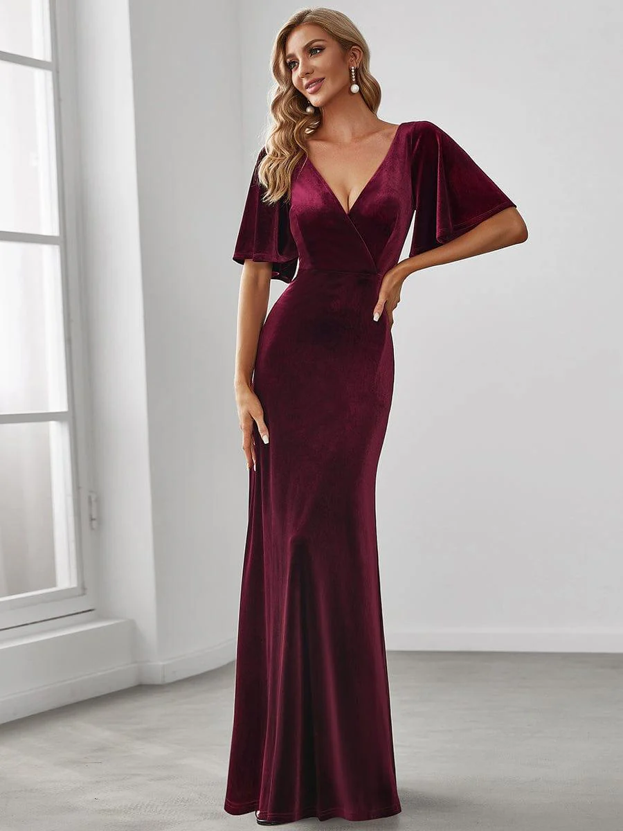 ever REINE|Elegant Double V Neck Velvet Bridesmaid Dress for Women - Image 14