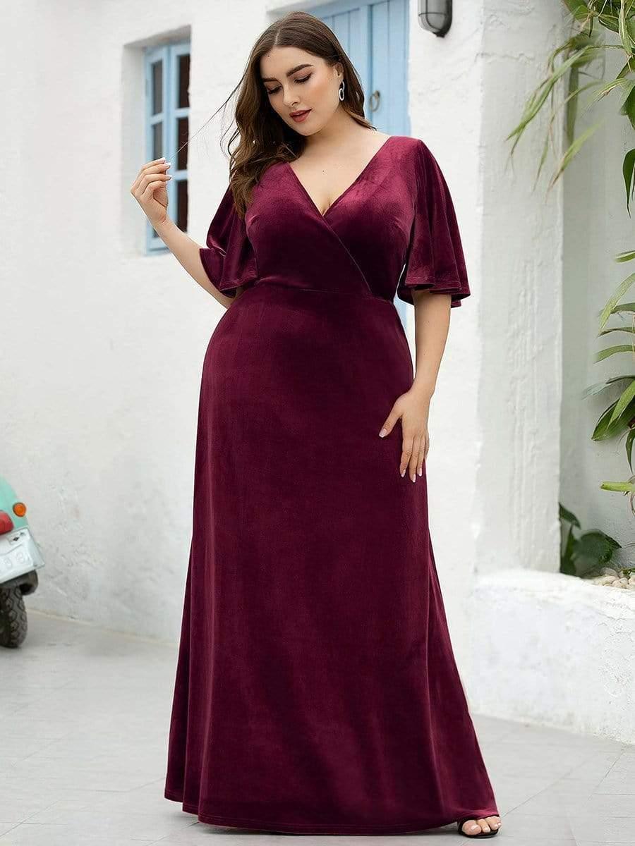 ever REINE|Elegant Double V Neck Velvet Bridesmaid Dress for Women - Image 16