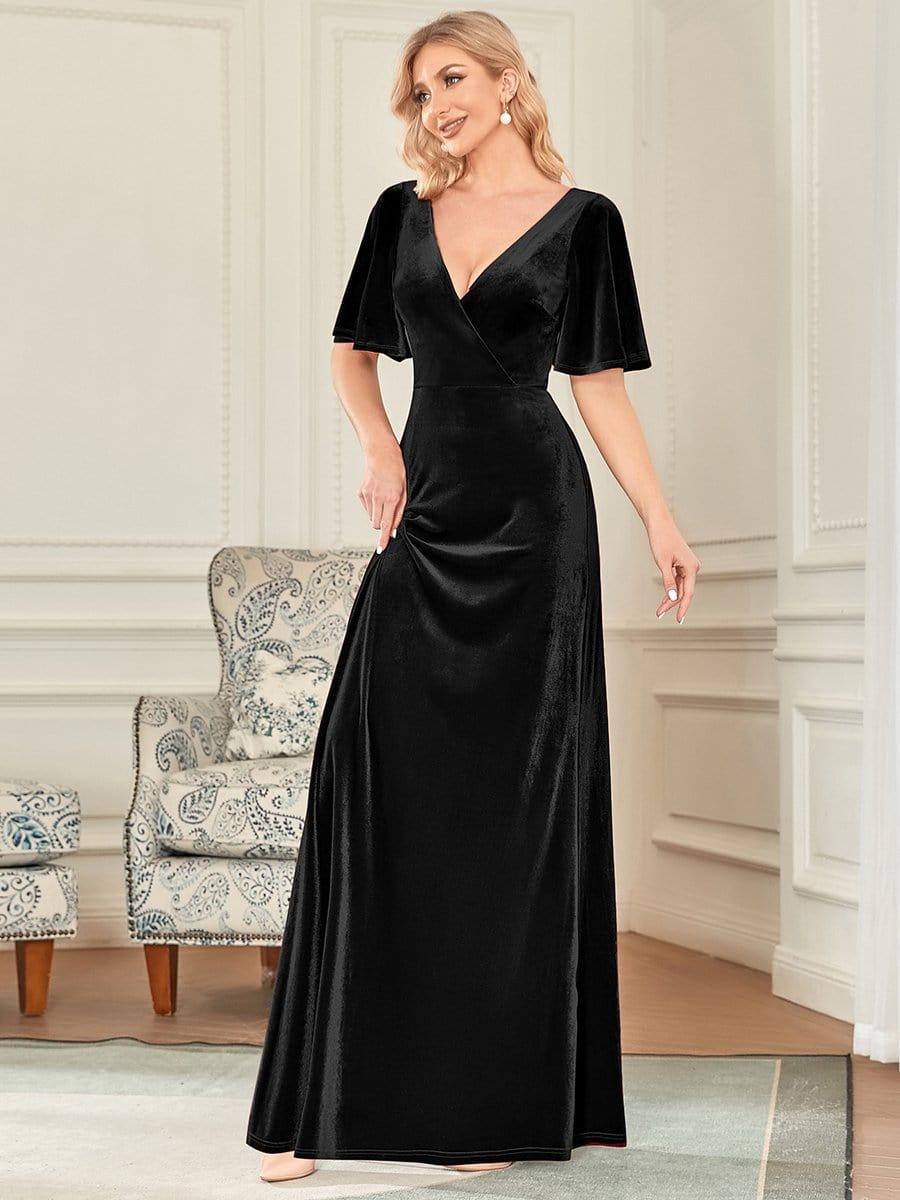ever REINE|Elegant Double V Neck Velvet Bridesmaid Dress for Women - Image 34