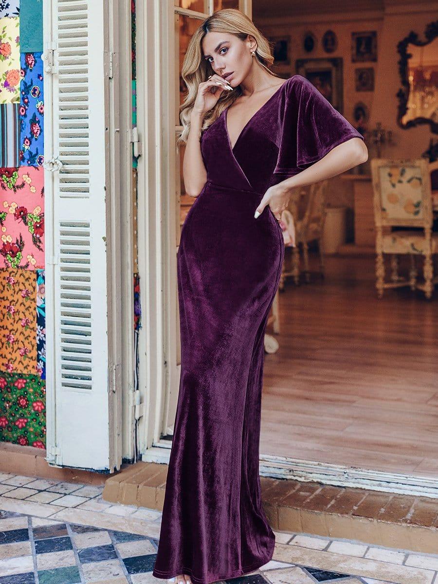 ever REINE|Elegant Double V Neck Velvet Bridesmaid Dress for Women - Image 38