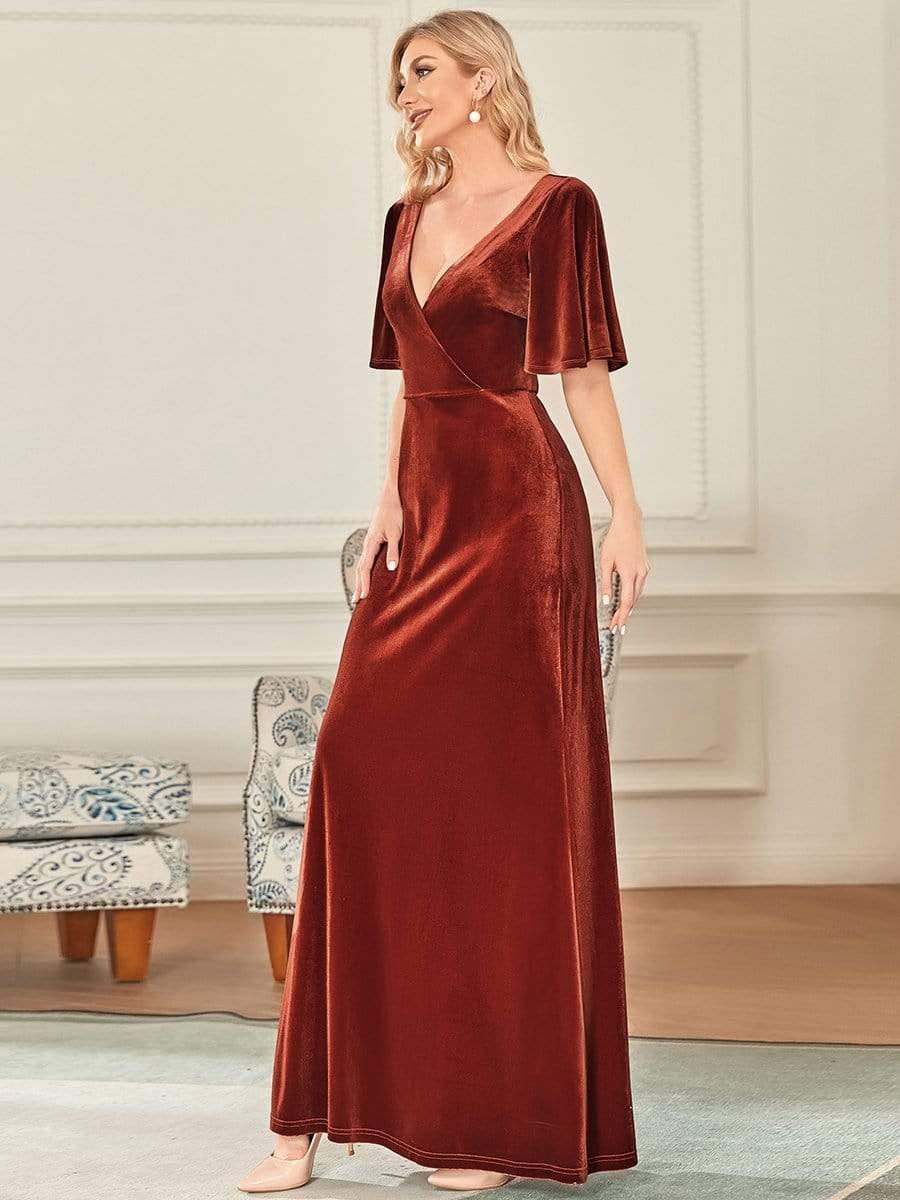 ever REINE|Elegant Double V Neck Velvet Bridesmaid Dress for Women - Image 6