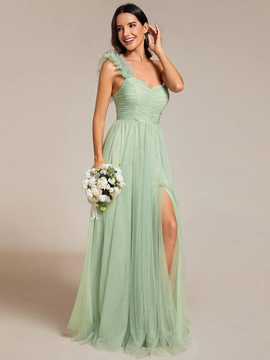 ever CLOE|Elegant One Shoulder Maxi Tulle High Slit Dress In Sage Green