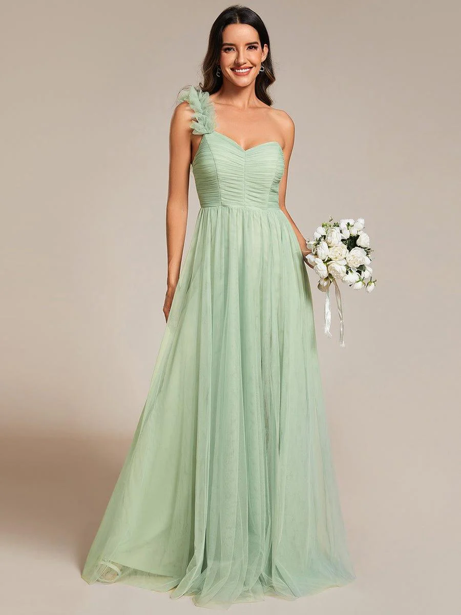ever CLOE|Elegant One Shoulder Maxi Tulle High Slit Dress In Sage Green - Image 5