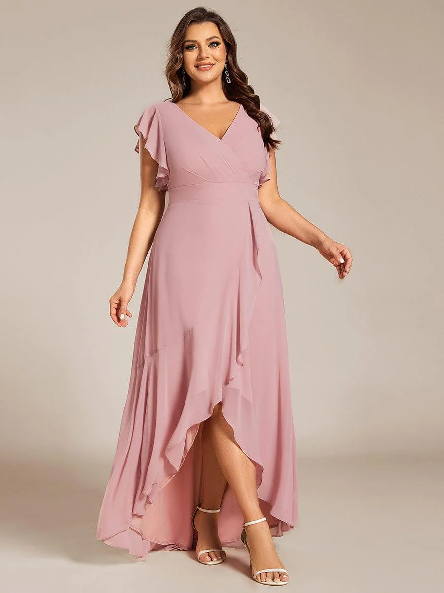 Elegant Ruffled Chiffon High-Low Bridesmaid Dress with Backless Design - Image 10